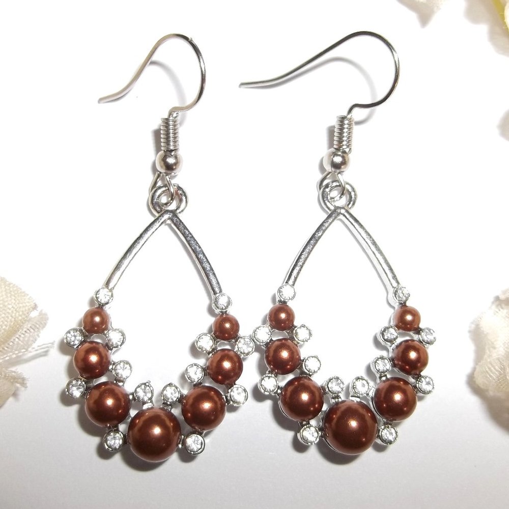 Brown Faux Pearl Hoop Earrings with White Faux Diamond Rhinestones C138